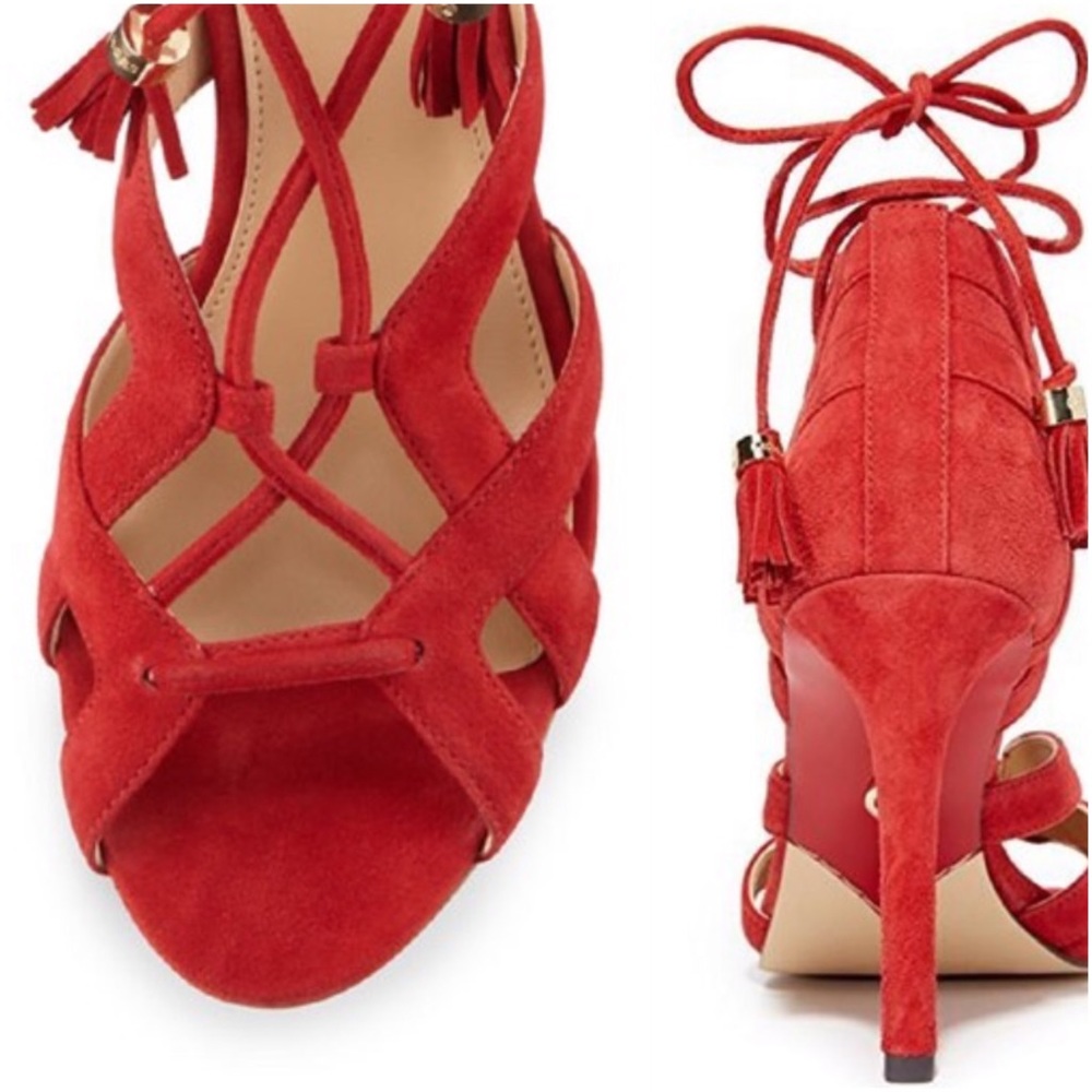 Michael Kors Red Mirabel Suede Strappy Sandal Stiletto Heel Straps w/ Tassels - Picture 7 of 8
